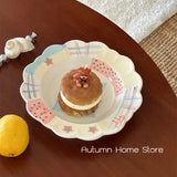 Cream Cheese Hand Drawn Patchwork Plaid Bow Cat Dessert Ceramic Bowl and Plate Gift Tableware