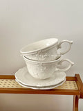 French Relief Coffee Cup Dish Set Exquisite Household Ceramic Drinking Cups With Handle White Round Plates 2Pcs Drinkware Suit