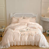 Rose Flowers Embroidery Lace Ruffles Bedding Set Lyocell Cotton Soft Silky Cooling Duvet Cover Flat/Fitted Bed Sheet Pillowcases
