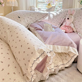 Korean Princess Style Floral Prints Ruffles Bedding Set Double Layer Yarn 100% Cotton Duvet Cover Pillowcases Bed Sheet 4Pcs