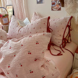 Ins Cherry Bedding Set Bow Tie Closure Duvet Cover Set Soft Flat Sheet Single Double Bed Sheet Set For Girls Bedroom