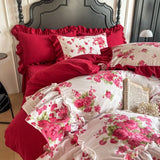 Imitation cotton wrinkled yarn double-layer yarn kapok washable festive romantic big red sheet bed skirt four-piece set