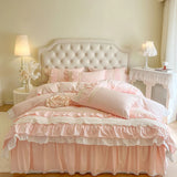 Pink Korean Princess Wedding 100% Cotton Bedding Set Four Layers Lace Ruffles Duvet Cover Bed Skirt Bedspread Pillowcases 4Pcs