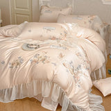 Rose Flowers Embroidery Lace Ruffles Bedding Set Lyocell Cotton Soft Silky Cooling Duvet Cover Flat/Fitted Bed Sheet Pillowcases
