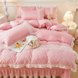 Korean Luxury Lace Ruffles Bedding Set Skin-Friendly Washed Cotton Princess Style Duvet Cover Bed Sheet Pillowcase Home Textiles