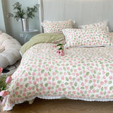 Floral Bedding Set Lace Trim Simple Fresh Elegant Flat Fitted Sheet With Pillowcases Soft Washed Cotton For Women Girl Gift
