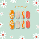 Short Oval Press on Nails Summer Fake Nails Orange Nails Press ons with Wave Flower Design Acrylic Artificial Glue on Nails