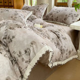 100% Brushed Cotton Bedding Set French Vintage Floral Duvet Cover Black Lace Trim Soft Pure Cotton Bed Sheet Pillowcases 4Pcs