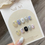 10Pcs Sweet Cool Handmade Press on Nails Full Cover Shiny Star Cute Graffiti Short French Ballet False Nails Wearable Manicure