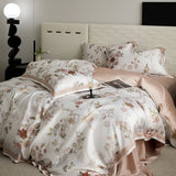 Floral Plant Print Color Blocking Bedding Set Lyocell Bamboo Fiber Soft Silky Duvet Cover Flat/Fitted Bed Sheet Pillowcases 4Pcs