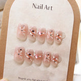 10Pcs Pink Handmade Press on Nails Full Cover Butterfly Rhinestone Design Short Ballet Sweet Flower Fruit Wearable False Nails