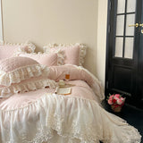 Pink Egyptian Cotton Princess Bedding Sets Luxury Chiffon Lace Embroidery Ruffles Duvet Cover Bed Sheet Pillowcases