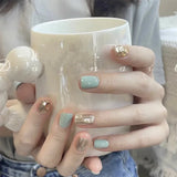 10Pcs Handmade Press on Nails Fresh Milk Green Champagne Short False Nails Glitter Sequins Design Full Cover Art Fake Nail Tips