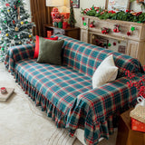 Gingham Sofa Cover with Ruffled Hem Elastic Machine Edges Washable for New Christmas Year Family Gathering Decorative Throw