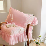 Elegant Lace Rose Embroidery Bedding Sets French Style Luxury 100% Cotton Pink Princess Ruffles Quilt Cover Bed Skirt Pillowcase