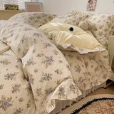 3/4Pcs Vintage French Fresh Floral Lace Ruffles 100% Cotton Bedding Set Duvet Cover Bed Skirt/Bed Sheet/Fitted Sheet Pillowcases