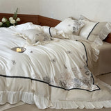 600TC Egyptian Cotton Bedding Set French Vintage Rose Butterfly Embroidery Lace Ruffle Duvet Cover Set Bed Sheet Pillowcase 4Pcs