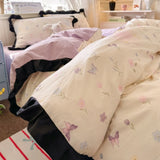 Korean Princess Style 4Pcs Floral Ruffles Bedding Set Single Queen Size Soft Skin-friendly Washed Cotton Duvet Cover Pillowcase