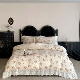 Vintage French Floral Lace Ruffles Pure Cotton Double Yarn Soft Princess Bedding Set Duvet Cover Bed Sheet Set Pillowcases 4Pcs