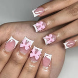 24Pcs White Fake Nails Press on Nails French Pink Bow Design Gentle Flower Acrylic False Nail with Jelly Glue Wearable Manicure