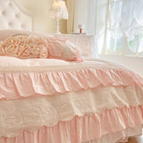 Pink Korean Princess Wedding 100% Cotton Bedding Set Four Layers Lace Ruffles Duvet Cover Bed Skirt Bedspread Pillowcases 4Pcs