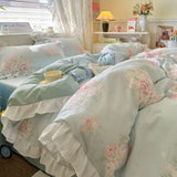 Korean Princess Style 4Pcs Floral Ruffles Bedding Set Single Queen Size Soft Skin-friendly Washed Cotton Duvet Cover Pillowcase