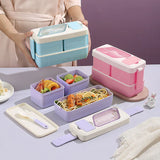 Portable Double Lunch Box Student Bento Box with Cutlery Compartment Food Box Microwaveable Food Storage Container