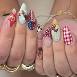 French Almond False Nails Retro Flowers Wearable Hand Drawn Press on Nails for Woman Datachable Full Cover False Nails Tips