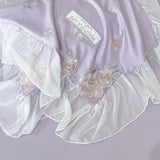 Rose Flowers Embroidery Lace Ruffles Bedding Set Lyocell Cotton Soft Silky Cooling Duvet Cover Flat/Fitted Bed Sheet Pillowcases