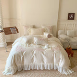 4Pcs Flowers Embroidery Lace Ruffles Princess Wedding Bedding Set Egyptian Cotton Duvet Cover Bed Sheet/Fitted Sheet Pillowcases