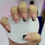 24pcs Blue Mid-length Square Fake Nails Finished Glitter Sequin French False Nail Set Wearable Rhinestones Design Press on Nails