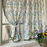 Bird Foliage Imitation Hemp Window Curtain Green Ball Pendant Lace Leaf Pattern Short Curtain Decorate  Living Room Curtain