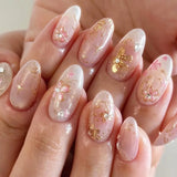 24Pcs Short Oval Pink False Nail Tips Summer Lovely Golden Flowers Retro Gradients Wearable Almond Manicure Full Cover Press Ons