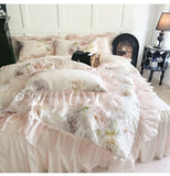 Rose Flower Print Bedding Set Luxury Lyocell Cotton Chiffon Lace Ruffles Duvet Cover Bed Sheet/Bed Skirt/Fitted Sheet Pillowcase