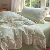 Korean Princess Style Floral Lace Ruffles Bedding Set 100% Cotton Double Yarn Duvet Cover Flat/Fitted Bed Sheet Pillowcases 4Pcs