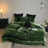 Heavyweight Flannel Bedding Set 4-Piece, Fleece Winter Warm Comforter Cover, Classical Floral Wrinkle Applique Embroidery