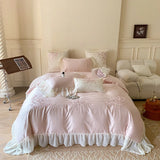 4Pcs Flowers Embroidery Lace Ruffles Princess Wedding Bedding Set Egyptian Cotton Duvet Cover Bed Sheet/Fitted Sheet Pillowcases