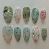24Pcs/Box Shiny Cute False Nails French Almond Nails Simple Heart Design Sweet Press on Nails Full Cover Wearable Manicure Art