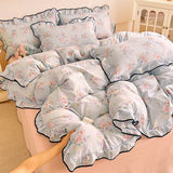 Heart Print Duvet Cover Set Princess Style Lace Ruffles Bedding Set Queen King Skin Friendly Soft Quilt Cover Sheet Pillowcases