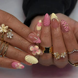 Almond Press on Fake Nails 3D Ripple Star False Nails Blue Smudge Detachable Full Cover Nails Tips 3D Shell Pearl Acrylic Nail