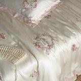 4Pcs Vintage Rose Flowers Embroidery Natural Lyocell Eucalyptus Fiber Bedding Set Duvet Cover Bed Sheet/Fitted Sheet Pillowcases