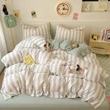 Cute Cartoon Embroidery Stripe Bedding Set Washed Cotton Soft Four Piece Sets Pillowcase Duvet Cover Set 200x230cm Home Textiles