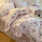4Pcs Korean Princess Style Floral Ruffles 100% Cotton Bedding Set Queen King Size Duvet Cover Bed Sheet/Fitted Sheet Pillowcases