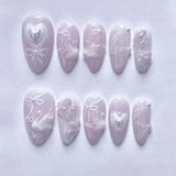 Almond Press on Fake Nails 3D Ripple Star False Nails Blue Smudge Detachable Full Cover Nails Tips 3D Shell Pearl Acrylic Nail