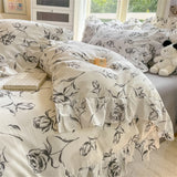 Flower Skin-friendly Bedding Set Class A Washed Cotton Duvet Cover Set Lace Ruffles Quilt Cover Soft Cover Bed Linen Pillowcases