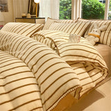 Stripe Milk Velvet Bedding Set Queen Thickened Duvet Cover Set Bedroom Decor Winter 4 Piece Set Quilt Cover Pillowcase Bed Sheet