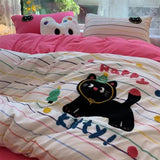 Korean Style Bedding Set Green Strip Black Cat Embroidery Washed Cotton  Duvet Cover Cute Cardboard  Bed linen Comforter Sets