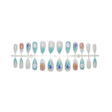 Almond Press on Fake Nails 3D Ripple Star False Nails Blue Smudge Detachable Full Cover Nails Tips 3D Shell Pearl Acrylic Nail