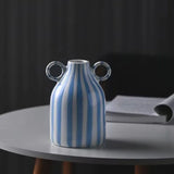 Blue and White Ceramic Vase with Handle, Nordic Boho Small Vases Side Table Flower Centerpiece, Wide Mouth Single Flower Vase