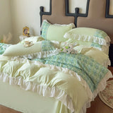 4Pcs Korean Princess Style Luxury Haute Couture Chiffon Lace Ruffle Queen/King Size Quilt Cover Bed Skirt Double Bedspreads
